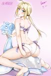  1girl absurdres ahoge artist_name artoria_pendragon_(all) asphyxiation ass back barefoot bikini blonde_hair blush butt_crack character_name choking dated fate/grand_order fate_(series) foaming_at_the_mouth from_behind full_body green_eyes highres lapras long_hair looking_at_viewer looking_back nail_polish pink_nails pokemon pokemon_(creature) ponytail rolling_eyes rosaline saber side-tie_bikini soles straddling strapless strapless_bikini swimsuit very_long_hair 