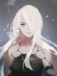  1girl black_dress blue_eyes closed_mouth dress eyelashes hair_over_one_eye jiayue_wu long_hair looking_at_viewer mole mole_under_mouth nier_(series) nier_automata no_pupils pink_lips solo white_hair yorha_type_a_no._2 