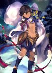  1boy ahoge black_hair cape child dark_skin dark_skinned_male fate/grand_order fate/prototype fate/prototype:_fragments_of_blue_and_silver fate_(series) highres looking_at_viewer male_focus pom_pom_(clothes) ribbon rider_(fate/prototype_fragments) santa_costume shorts solo sphinx_awlad yellow_eyes younger 