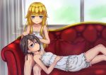  2girls ange_(princess_principal) asymmetrical_bangs aya223 bangs blonde_hair blue_eyes blush braid brown_hair camisole closed_mouth collarbone couch curtains cushion eyebrows_visible_through_hair frills hair_between_eyes hair_brush hair_brushing hair_flaps hand_on_own_stomach highres holding indoors lap_pillow long_hair looking_at_viewer lying multiple_girls on_back princess_(princess_principal) princess_principal short_hair sitting smile underwear underwear_only window 