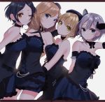  4girls anastasia_(idolmaster) backlighting bare_shoulders beret blonde_hair blue_dress blue_eyes blue_hair breasts brown_eyes choker cleavage closed_mouth collarbone cowboy_shot dress earrings elbow_gloves eyebrows_visible_through_hair frilled_dress frills gloves green_eyes hair_between_eyes halterneck hand_on_head hat hayami_kanade highres idolmaster idolmaster_cinderella_girls jewelry large_breasts letterboxed long_hair looking_back mini_hat miyamoto_frederica multiple_girls one_eye_closed ootsuki_yui ribbon ribbon_choker short_hair shoulder_blades silver_hair simple_background sinsihukunokonaka smile standing strapless strapless_dress upper_body white_background 