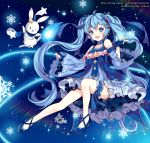  1girl amick_(americanomix) artist_name bangs blue_dress blue_eyes blue_hair detached_sleeves dress eyebrows_visible_through_hair fingerless_gloves full_body gloves hair_ornament hairclip hatsune_miku long_hair looking_at_viewer one_eye_closed open_mouth rabbit snowflakes star twintails very_long_hair vocaloid wand yuki_miku yukine_(vocaloid) 