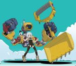  1girl excavator leotard mecha_musume mechanical_arms mechanical_parts short_hair shovel sleeveless sukabu white_hair worktool 