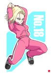  1girl absurdres android_18 blonde_hair blue_eyes breasts character_name chris_re5 clenched_hand dragon_ball dragonball_z frown full_body highres jacket medium_breasts outline pants shoes signature sneakers solo track_jacket track_pants 