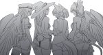  4girls angel_wings animal_ears ass ass_grab back bangs bare_shoulders belt bird_ears bunny_tail closed_eyes closed_mouth cowboy_shot detached_sleeves ear_piercing ears_down feathered_wings fox_ears fox_tail from_behind greyscale griffon_(monster_girl_encyclopedia) grin hair_between_eyes hat highres jacket kiyone less long_hair looking_at_another microskirt monochrome monster_girl_encyclopedia multiple_girls no_panties original peaked_cap piercing pointy_ears profile rabbit_ears short_sleeves shorts simple_background skirt smile tail thigh-highs tied_hair white_background wings witch_hat 