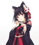  1girl animal_ears azur_lane bangs black_hair blunt_bangs cat_ears cat_mask eyebrows_visible_through_hair gradient gradient_background grey_background highres long_sleeves looking_at_viewer mask mask_on_head mochii paw_pose red_eyes short_hair signature solo standing triangle_mouth upper_body wide_sleeves yamashiro_(azur_lane) 
