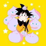  1boy black_eyes black_hair blush blush_stickers dragon_ball dragonball_z hands_on_own_chin happy kneeling looking_at_viewer looking_up male_focus rochiko_(bgl6751010) simple_background smile son_goten star yellow_background 