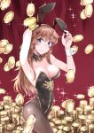  1girl animal_ears black_legwear black_leotard blue_eyes braid breasts brown_hair bunny_tail bunnysuit coin cosaten cowboy_shot curtains detached_collar granblue_fantasy lecia_(granblue_fantasy) leotard long_hair medium_breasts pantyhose rabbit_ears solo strapless strapless_leotard tail wrist_cuffs 