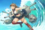  1girl anchor bare_shoulders blue_sky breasts brown_hair chains day emubi gloves green_eyes hairband headgear highres kantai_collection large_breasts mast midriff miniskirt mutsu_(kantai_collection) ocean radio_antenna red_legwear short_hair skirt sky smile smokestack solo turret water waving white_gloves 