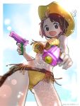  1girl ariorihaberi bikini brown_eyes brown_hair cowboy_hat hat holster kill_la_kill looking_at_viewer mankanshoku_mako navel open_mouth short_hair swimsuit twitter_username water_gun 