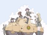  5girls anchovy anzio_military_uniform black_hair blonde_hair blush braid brown_hair canteen carpaccio clouds commentary cup dagger gaiters girls_und_panzer glasses graphite_(medium) green_hair headwear_removed helmet helmet_removed highres hot military military_vehicle mixed_media multiple_girls open_clothes open_mouth open_shirt pepperoni_(girls_und_panzer) reaching_out riding_crop shirt side_braid signature siko_(girls_und_panzer) sitting skirt sky sweat traditional_media uniform weapon yoshikawa_kazunori 