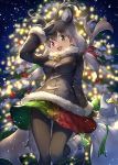  1girl animal_ears antlers bag black_coat black_gloves black_legwear breasts christmas christmas_tree commentary_request fur_trim gloves green_eyes green_ribbon grey_hair guchico hair_ribbon hand_up heterochromia kemono_friends long_sleeves looking_at_viewer low_twintails medium_breasts miniskirt mittens multicolored multicolored_clothes multicolored_skirt night night_sky open_mouth outdoors pantyhose red_eyes red_ribbon reindeer_(kemono_friends) reindeer_antlers reindeer_ears ribbon sack shoulder_bag skirt sky smile snowing solo twintails winter 