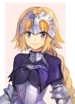  1girl armor blonde_hair blue_eyes braid breasts chains fate/apocrypha fate/grand_order fate_(series) faulds gauntlets headpiece jeanne_d&#039;arc_(fate) jeanne_d&#039;arc_(fate)_(all) large_breasts light_smile long_hair looking_at_viewer pink_background plackart shovelwell simple_background single_braid solo standard_bearer 