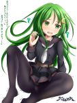  1girl artist_name black_legwear black_sailor_collar black_serafuku black_skirt crescent crescent_hair_ornament crescent_moon_pin green_eyes green_hair hair_ornament kantai_collection long_hair nagatsuki_(kantai_collection) necktie panties panties_under_pantyhose pantyhose pleated_skirt school_uniform serafuku simple_background sitting skirt solo spread_legs translation_request underwear white_background white_neckwear yayoi_kotoyuki 