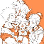  1girl 3boys brothers carrying chi-chi_(dragon_ball) couple dougi dragon_ball dragonball_z eyebrows_visible_through_hair family father_and_son food fruit happy hetero hug looking_at_another looking_up monochrome mother_and_son multiple_boys open_mouth orange orange_background short_hair siblings simple_background smile son_gohan son_gokuu son_goten spiky_hair tied_hair white white_background 