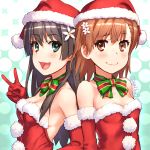  2girls bare_shoulders black_hair blue_background bow bowtie breasts brown_eyes brown_hair flower fur_trim gloves green_eyes hair_flower hair_ornament hat long_hair misaka_mikoto multicolored_neckwear multiple_girls open_mouth polka_dot polka_dot_background pom_pom_(clothes) raika9 red_gloves santa_hat saten_ruiko short_hair small_breasts smile to_aru_kagaku_no_railgun to_aru_majutsu_no_index twitter_username upper_body v 