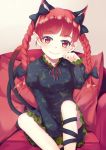  1girl animal_ears aoi_(buzhuen444) between_legs braid cat_ears cat_tail closed_mouth hand_between_legs hand_up indoors kaenbyou_rin pillow pointy_ears red_eyes redhead smile solo tail touhou twin_braids 