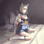  1girl animal_ears artist_request azur_lane bangs bare_shoulders blue_eyes blunt_bangs breasts cleavage closed_mouth collarbone fox_ears fox_tail hakama_skirt japanese_clothes kaga_(azur_lane) large_breasts multiple_tails off_shoulder short_hair sitting smile solo tail undressing wariza white_footwear white_hair wide_sleeves 