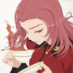  1girl brown_eyes chimaki_(u9works) colored_eyelashes cup dutch_angle lips long_hair pink_hair pink_lis saucer sketch solo st._gloriana&#039;s_military_uniform tea teacup white_background 