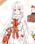  1girl alternate_costume azur_lane bird bound bound_wrists bow coat eagle earmuffs enterprise_(azur_lane) enterprise_(reindeer_master)_(azur_lane) gift gloves hat ikasoke_(likerm6au) long_hair looking_at_viewer reindeer santa_hat scarf smile snowman solo very_long_hair violet_eyes white_coat white_gloves white_hair white_scarf winter_clothes winter_coat 