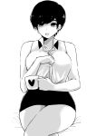  1girl absurdres bare_shoulders black_hair black_skirt breasts collarbone collared_shirt crossed_arms earrings greyscale hand_on_own_chest highres holding_mug jewelry large_breasts looking_at_viewer monochrome norman_maggot office_lady open_mouth original pencil_skirt shirt short_hair simple_background sitting skirt sleeveless sleeveless_shirt solo white_background 