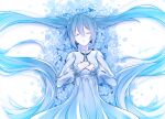  1girl bangs blue_hair closed_eyes dress flower frilled_sleeves frills hands_on_own_chest hatsune_miku high_collar kino_(mizu-asagi) long_hair long_sleeves lying nail_polish neck_ribbon on_back own_hands_together parted_lips petals ribbon solo twintails very_long_hair vocaloid 
