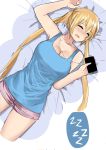  1girl bare_shoulders blend_s blonde_hair blue_eyes blue_tank_top breasts cellphone cleavage closed_eyes cowboy_shot earphones highres hinata_kaho holding holding_phone large_breasts long_hair lying norman_maggot on_back on_bed open_mouth phone short_shorts shorts sleeping sleeveless smartphone tank_top 