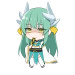  1girl bangs black_footwear chibi closed_mouth dragon_horns eyebrows_visible_through_hair fate/grand_order fate_(series) green_hair green_kimono hair_ornament horns japanese_clothes kimono kiyohime_(fate/grand_order) kuki_panda_(wkdwnsgk13) long_sleeves looking_at_viewer obi sash shaded_face simple_background sleeves_past_wrists smile solo standing thigh-highs white_background white_legwear wide_sleeves yellow_eyes zouri 