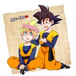  2boys :d :o black_eyes black_hair blonde_hair blue_eyes character_name clone dougi dragon_ball dragonball_z flower happy head_wreath heart kneeling long_sleeves looking_at_another male_focus multiple_boys open_mouth rochiko_(bgl6751010) simple_background sitting smile son_goten super_saiyan translated white_background 