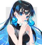  1girl aqua_nails bangs bare_shoulders black_hair black_shirt blue_eyes blue_gemstone blue_hair blue_nails breasts closed_mouth colored_inner_hair commentary earrings eyebrows_hidden_by_hair eyelashes fingernails gem glint hair_between_eyes hands_up highres jewelry lips long_hair looking_at_viewer medium_breasts multicolored_hair multicolored_nails nail_polish original redrawn refraction shirt sleeveless sleeveless_shirt solo sparkle sparkling_eyes turtleneck upper_body white_background zumi_(neronero126) 