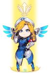  1girl armband artist_name blonde_hair blue_eyes chibi combat_medic_ziegler dated dress frown hand_on_hip hat highres l.wolf mechanical_wings mercy_(overwatch) overwatch pigeon-toed salute solo spread_wings wings 