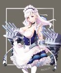  (lime_mitsuaji) 1girl azur_lane bangs belfast_(azur_lane) blue_eyes blush braid breasts cannon chains cleavage collar collarbone commentary_request eyebrows_visible_through_hair french_braid gloves highres large_breasts long_hair looking_at_viewer machinery maid maid_headdress silver_hair smile solo turret twitter_username 
