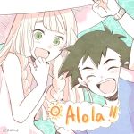  1boy 1girl black_hair blonde_hair green_eyes lillie_(pokemon) pokemon pokemon_(anime) pokemon_(game) pokemon_sm pokemon_sm_(anime) satoshi_(pokemon) 