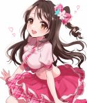  1girl :d bangs blush bow breasts brown_eyes crop_top eyebrows_visible_through_hair hair_bow heart idolmaster idolmaster_cinderella_girls long_hair looking_at_viewer medium_breasts one_side_up open_mouth pink_bow pink_shirt pink_skirt plaid plaid_bow puffy_short_sleeves puffy_sleeves ringlets shimamura_uzuki shirt short_sleeves simple_background sinsihukunokonaka skirt smile solo tareme wavy_hair white_background 