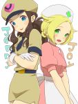  2girls :d bel_(pokemon) blonde_hair blue_eyes brown_hair brown_hat brown_skirt character_name cosplay crossed_arms gloves green_eyes hat highres joy_(pokemon) joy_(pokemon)_(cosplay) junsaa_(pokemon) junsaa_(pokemon)_(cosplay) long_hair looking_at_viewer multiple_girls nurse_cap open_mouth pokemon pokemon_(game) pokemon_bw popela short_hair sidelocks skirt smile standing touko_(pokemon) white_gloves 