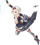  1girl aiguillette aircraft airplane ankle_boots azur_lane blush boots card diamond_(shape) eyebrows eyebrows_visible_through_hair flight_deck full_body grey_footwear hair_ornament hairband hermes_(azur_lane) high_heels kaede_(003591163) leg_up long_sleeves official_art pink_eyes plaid red_hairband short_hair simple_background sleeves_past_wrists solo thigh-highs transparent_background white_hair 