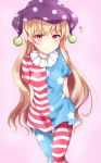  1girl american_flag_dress american_flag_legwear arms_behind_back blonde_hair breasts clownpiece commentary_request dress hat heart jester_cap long_hair looking_at_viewer neck_ruff red_eyes small_breasts smile solo touhou very_long_hair walnut_(mottimoti) 