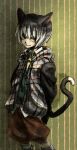  1boy animal_ears binta_(doubutsu_no_mori) black_eyes black_hair cat_ears cat_tail doubutsu_no_mori graphite_(medium) male_focus mechanical_pencil multicolored_hair necktie pencil personification solo solow000 tail traditional_media two-tone_hair upper_body white_hair yellow_sclera 