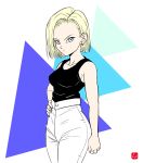  1girl android_18 blonde_hair blue_eyes breasts chris_re5 collarbone cowboy_shot dragon_ball dragonball_z earrings forehead hand_on_hip highres hips jewelry medium_breasts pants signature solo tank_top 