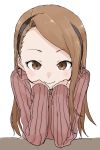  1girl absurdres blush brown_eyes brown_hair chin_rest closed_mouth hairband highres idolmaster long_hair long_sleeves looking_at_viewer minase_iori pink_sweater ribbed_sweater simple_background smile solo sweater upper_body white_background yamamoto_souichirou 
