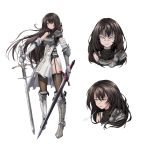  1girl absurdres anger_vein angry armor armored_boots black_hair black_legwear boots breastplate character_sheet dual_wielding elbow_gloves full_body gloves grey_eyes highres long_hair long_sword looking_at_viewer multiple_views no_panties onceskylark original pelvic_curtain single_bare_shoulder standing sword thigh-highs very_long_hair weapon wings 