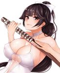  1girl azur_lane bangs bare_arms bare_shoulders blunt_bangs blush bow breasts brown_eyes cleavage closed_mouth cocq_taichou dutch_angle eyebrows_visible_through_hair hair_bow hair_flaps holding holding_sword holding_weapon katana large_breasts long_hair looking_at_viewer navel one-piece_swimsuit ponytail sheath solo sweat swimsuit sword takao_(azur_lane) upper_body v-shaped_eyebrows weapon white_background white_bow white_swimsuit 