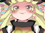  1girl arms_up blonde_hair commentary_request hammer_(sunset_beach) hat long_hair matara_okina open_mouth solo touhou upper_body yellow_eyes 