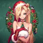  1girl ambitious_elf_jinx bangs bare_shoulders blonde_hair choker collarbone creature elf freckles fur_trim gloves green_background green_eyes hat highres holding jinx_(league_of_legends) league_of_legends long_hair looking_at_viewer oopartz_yang pointy_ears red_choker red_gloves red_hat santa_costume santa_hat smile upper_body very_long_hair 
