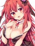 1girl :d babydoll bare_shoulders blush breasts cleavage detached_collar front-tie_top hair_ornament head_tilt heart heart-shaped_pupils highres koakuma large_breasts long_hair looking_at_viewer maturiuta_sorato open_mouth red_eyes red_headband sidelocks simple_background smile solo strap_slip symbol-shaped_pupils touhou upper_body white_background wrist_cuffs 
