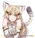  1girl all_fours animal_ears cat_ears cat_tail commentary disco_brando elbow_gloves fang gloves green_eyes kemono_friends looking_at_viewer parted_lips paw_pose sand_cat_(kemono_friends) sand_cat_print short_hair silver_hair simple_background solo tail twitter_username white_background 