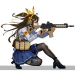 1girl ahoge aiming armband assault_rifle black_footwear black_hair black_legwear blue_skirt breasts brown_gloves choudan closed_mouth from_side full_body girls_frontline gloves gun hair_ribbon highres holding holding_gun holding_weapon holster loafers long_hair long_sleeves m16 m16a1_(girls_frontline) medium_breasts one_knee one_side_up pantyhose partly_fingerless_gloves pleated_skirt profile ribbon rifle shirt shoes simple_background skirt solo tape thigh_holster trigger_discipline tsurime walkie-talkie weapon white_background white_shirt yellow_eyes yellow_hairband yellow_ribbon 
