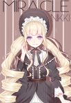  1girl absurdly_long_hair blonde_hair blush character_request closed_mouth copyright_name drill_hair eyebrows_visible_through_hair gothic_lolita lolita_fashion long_hair looking_at_viewer miracle_nikki smile solo twin_drills very_long_hair violet_eyes youga 