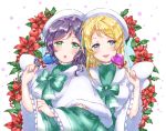  2girls :d :o angel_wings ayase_eli beret blonde_hair blue_eyes bow bowtie candy capelet christmas clenched_hand flower food green_eyes green_neckwear hair_down hand_on_another&#039;s_arm hat hat_ribbon holding_lollipop holly kaisou_(0731waka) lollipop looking_at_viewer love_live! love_live!_school_idol_project multiple_girls open_mouth poinsettia purple_hair ribbon smile striped_neckwear toujou_nozomi upper_body white_hat wide_sleeves wings 