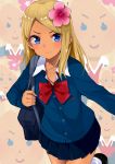  &gt;:) 1girl bag blonde_hair blue_cardigan blue_eyes blush borrowed_character cardigan closed_mouth collarbone collared_shirt commentary_request earrings flower gomashi_(goma) gyaru hair_flower hair_ornament hibiscus jewelry kogal leg_up long_hair long_sleeves navy_blue_skirt original pleated_skirt red_neckwear school_bag school_uniform shirt skirt smile solo star star_print tan white_legwear white_shirt wing_collar 